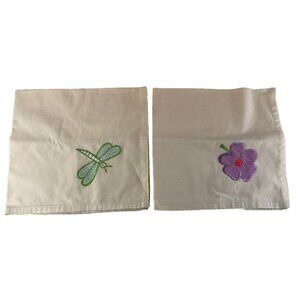 2 Vtg Linen Tea Towels Square Embroidered Flower & Dragonfly White 16.75x16.75"